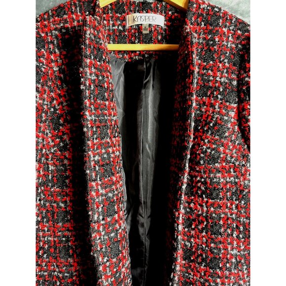 Kasper Womens Medium Tweed Plaid Open Front Blazer Jacket Made In Vietnam - Picture 6 of 8